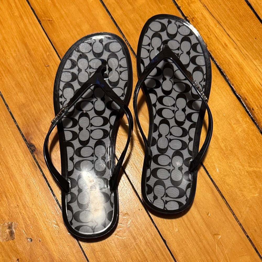 Coach Black Logo Pattern Jelly Flip Flops